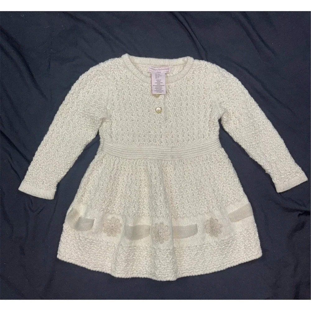 Catherine Malandrino Mini Baby Girl Sweater Dress Ivory Metallic 12M metallic